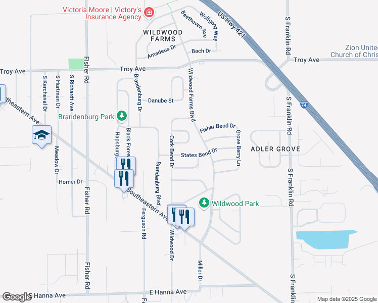map of restaurants, bars, coffee shops, grocery stores, and more near 7923 Caraway Place in Indianapolis