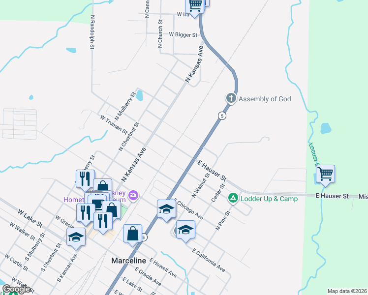 map of restaurants, bars, coffee shops, grocery stores, and more near 200-298 East Bisbee Street in Marceline