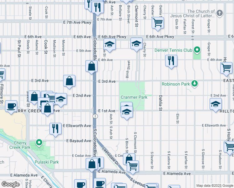 map of restaurants, bars, coffee shops, grocery stores, and more near 201 Bellaire Street in Denver