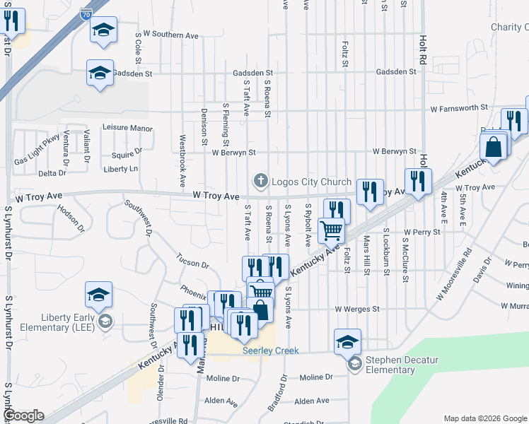 map of restaurants, bars, coffee shops, grocery stores, and more near 4205 West Troy Avenue in Indianapolis