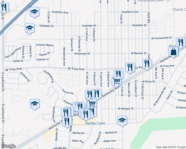 map of restaurants, bars, coffee shops, grocery stores, and more near 3020 South Roena Street in Indianapolis