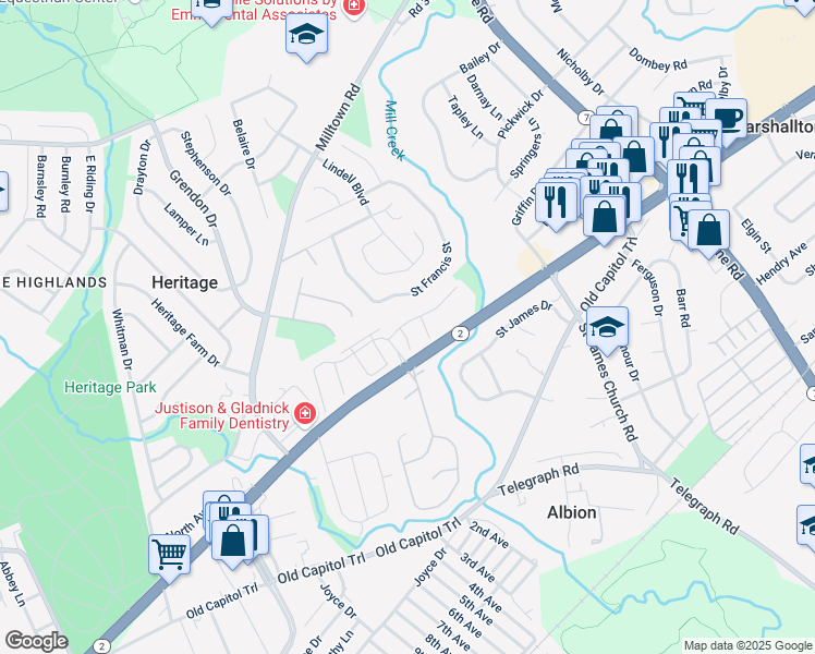 map of restaurants, bars, coffee shops, grocery stores, and more near 5057 East Woodmill Drive in Wilmington