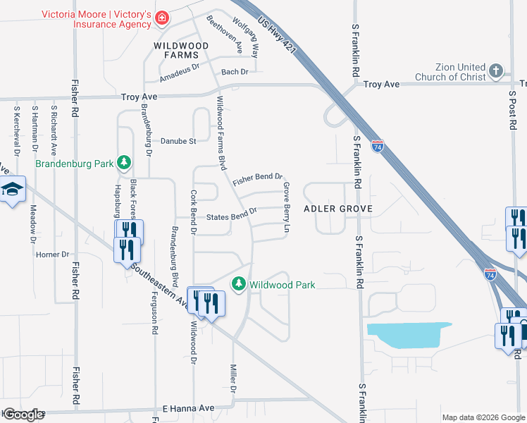 map of restaurants, bars, coffee shops, grocery stores, and more near 8102 States Bend Drive in Indianapolis