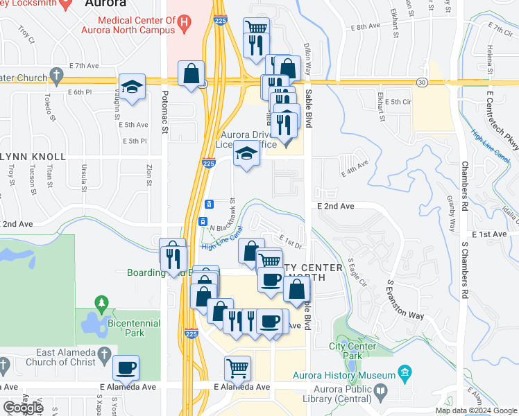map of restaurants, bars, coffee shops, grocery stores, and more near 14333 East 1st Drive in Aurora