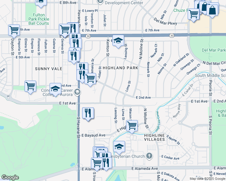 map of restaurants, bars, coffee shops, grocery stores, and more near 301 Lansing Street in Aurora