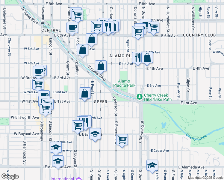 map of restaurants, bars, coffee shops, grocery stores, and more near in Denver