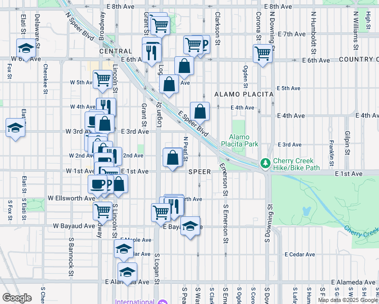 map of restaurants, bars, coffee shops, grocery stores, and more near 239 Pearl Street in Denver