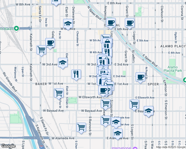 map of restaurants, bars, coffee shops, grocery stores, and more near 237 Acoma Street in Denver