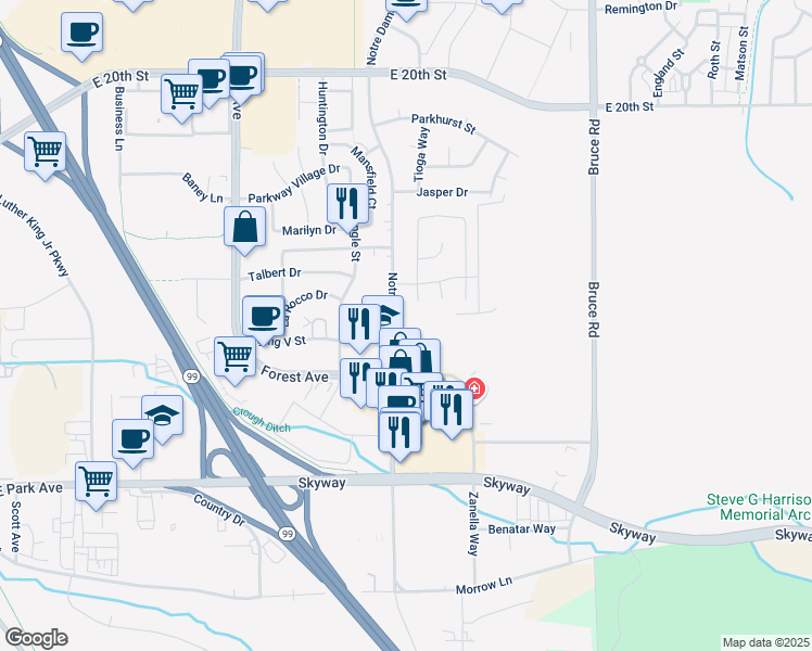 map of restaurants, bars, coffee shops, grocery stores, and more near 2370 Notre Dame Boulevard in Chico
