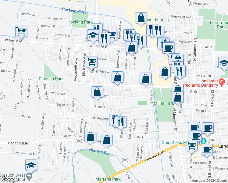 map of restaurants, bars, coffee shops, grocery stores, and more near 800 West 6th Avenue in Lancaster
