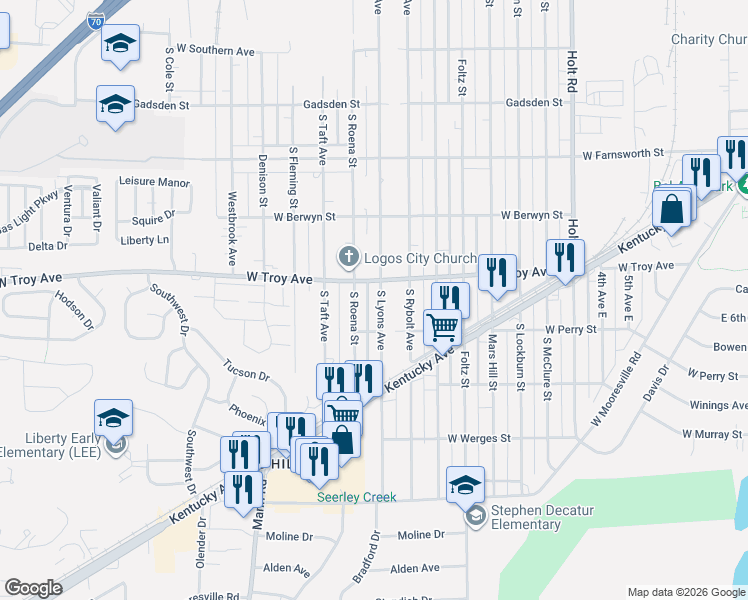 map of restaurants, bars, coffee shops, grocery stores, and more near 3002 South Lyons Avenue in Indianapolis
