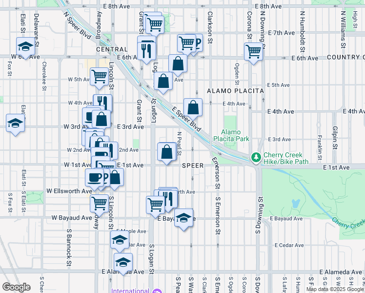 map of restaurants, bars, coffee shops, grocery stores, and more near 239 Pearl Street in Denver