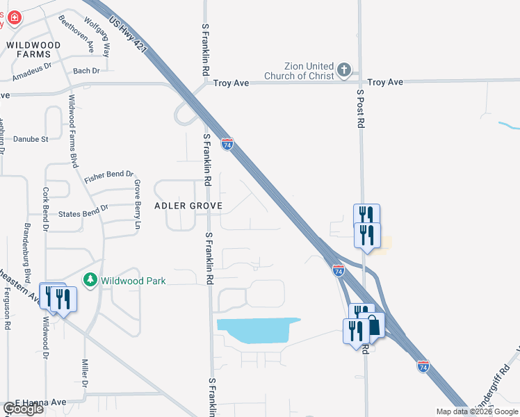map of restaurants, bars, coffee shops, grocery stores, and more near 3338 Blue Ash Lane in Indianapolis