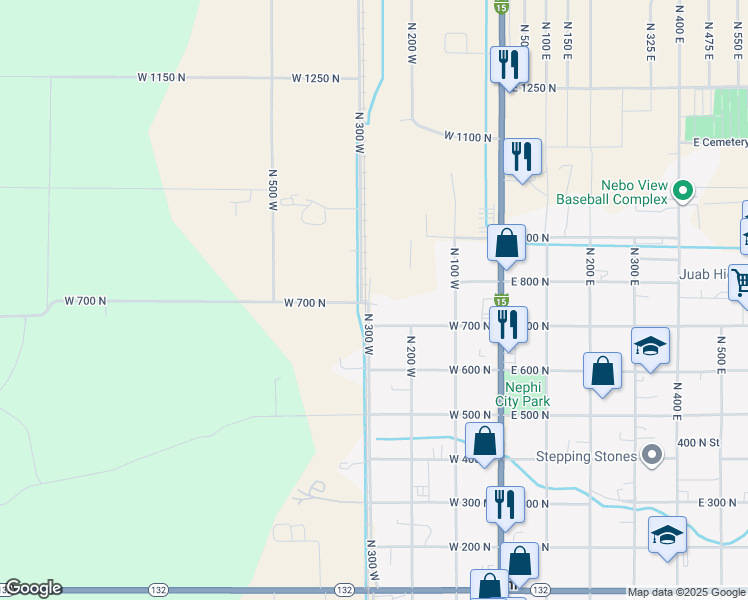 map of restaurants, bars, coffee shops, grocery stores, and more near 770 North 300 West in Nephi