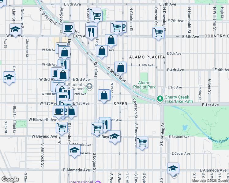 map of restaurants, bars, coffee shops, grocery stores, and more near 239 Pearl Street in Denver