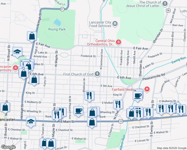 map of restaurants, bars, coffee shops, grocery stores, and more near 612 Madison East in Lancaster