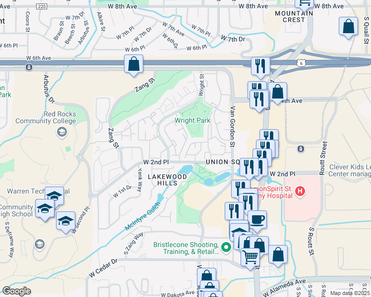 map of restaurants, bars, coffee shops, grocery stores, and more near 218 Wright Street in Lakewood