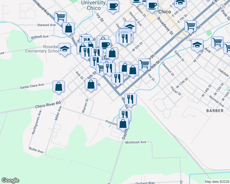 map of restaurants, bars, coffee shops, grocery stores, and more near 1111 West 8th Street in Chico