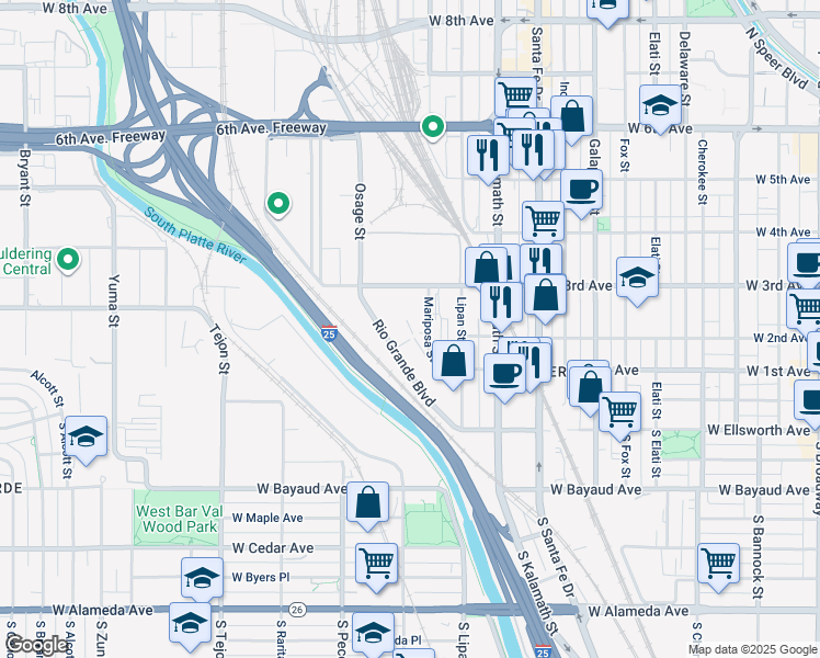 map of restaurants, bars, coffee shops, grocery stores, and more near 245 Mariposa Street in Denver