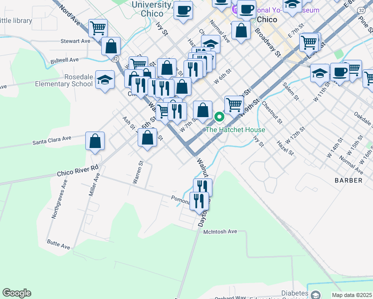 map of restaurants, bars, coffee shops, grocery stores, and more near 1111 West 8th Street in Chico