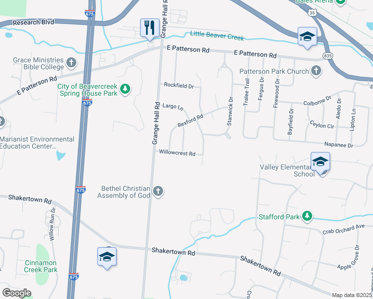 map of restaurants, bars, coffee shops, grocery stores, and more near 990 Renown Road in Beavercreek
