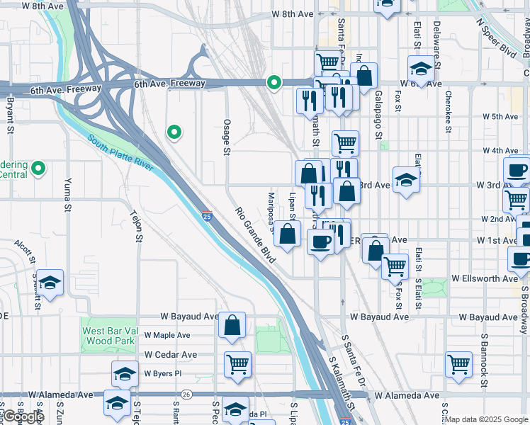 map of restaurants, bars, coffee shops, grocery stores, and more near 245 Mariposa Street in Denver