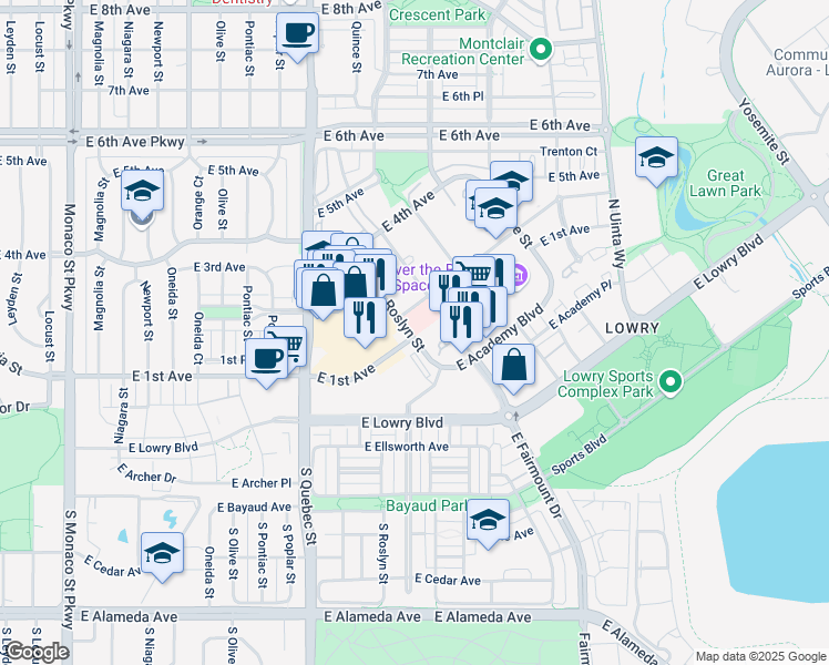 map of restaurants, bars, coffee shops, grocery stores, and more near 7505 East 1st Avenue in Denver