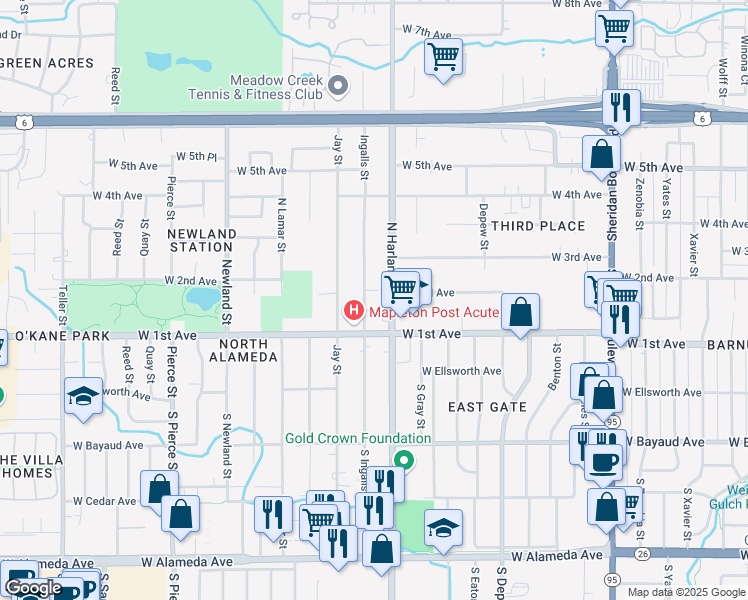 map of restaurants, bars, coffee shops, grocery stores, and more near 186 Ingalls Street in Lakewood