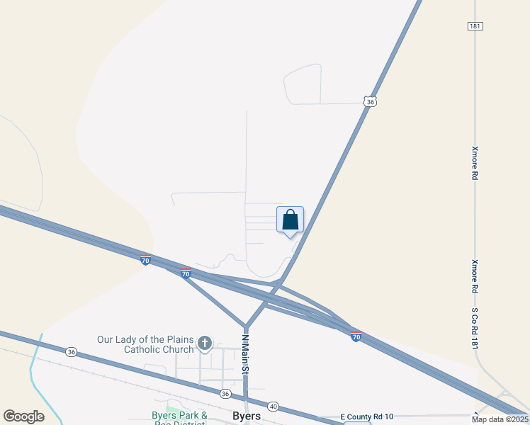 map of restaurants, bars, coffee shops, grocery stores, and more near 50 Cheyenne Street in Byers