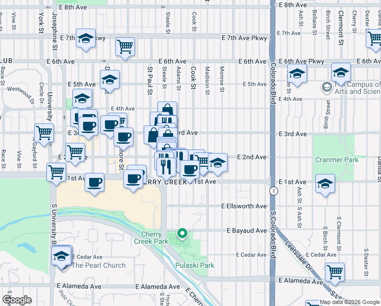 map of restaurants, bars, coffee shops, grocery stores, and more near 235 Cook Street in Denver