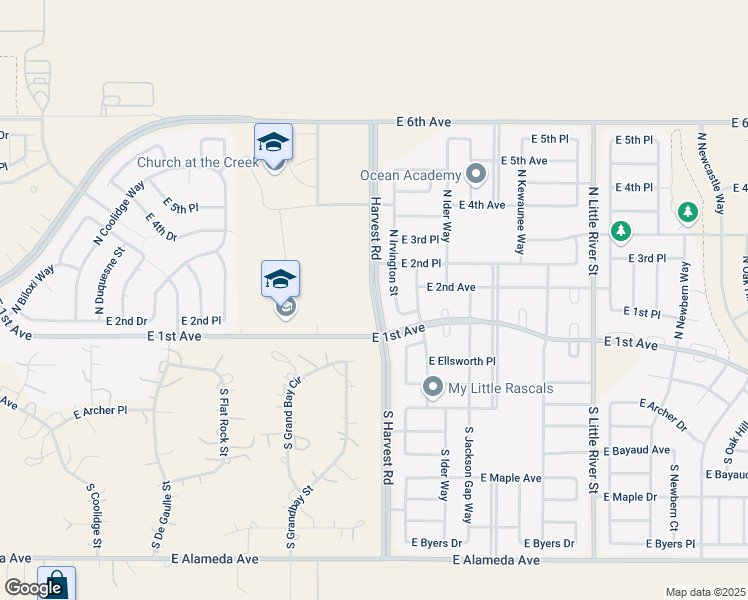 map of restaurants, bars, coffee shops, grocery stores, and more near Harvest Rd in Aurora