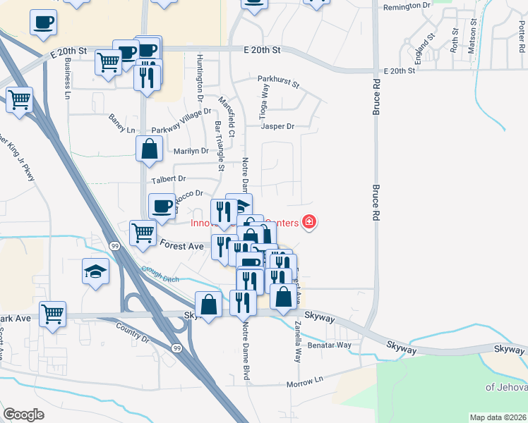 map of restaurants, bars, coffee shops, grocery stores, and more near 8 Fremont Street in Chico