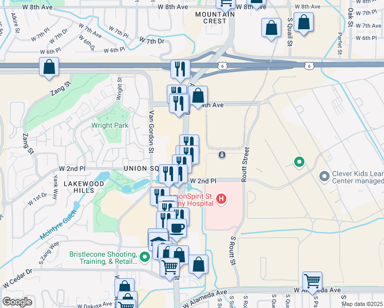 map of restaurants, bars, coffee shops, grocery stores, and more near 264 Union Blvd in Lakewood
