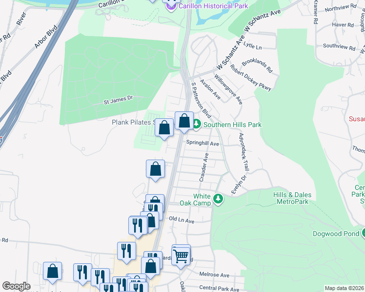 map of restaurants, bars, coffee shops, grocery stores, and more near 2402 South Dixie Drive in Dayton