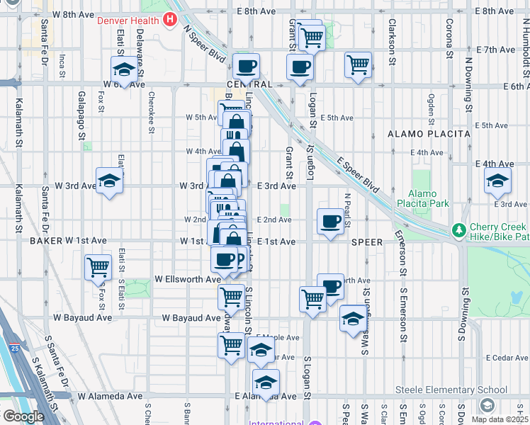 map of restaurants, bars, coffee shops, grocery stores, and more near 231 Sherman Street in Denver