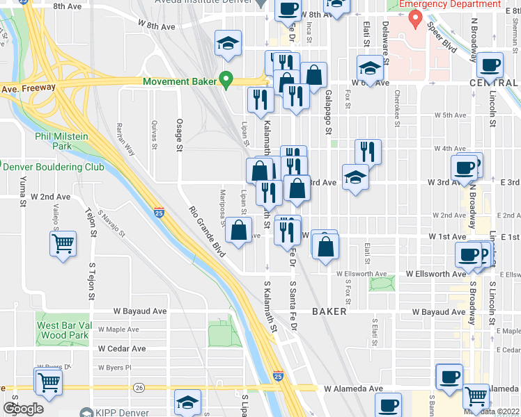 map of restaurants, bars, coffee shops, grocery stores, and more near 204 Kalamath Street in Denver