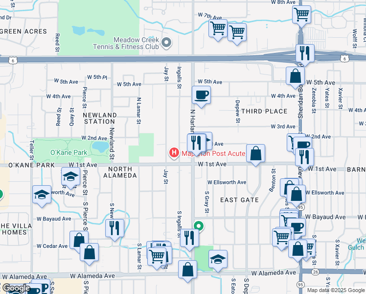 map of restaurants, bars, coffee shops, grocery stores, and more near 195 North Harlan Street in Lakewood