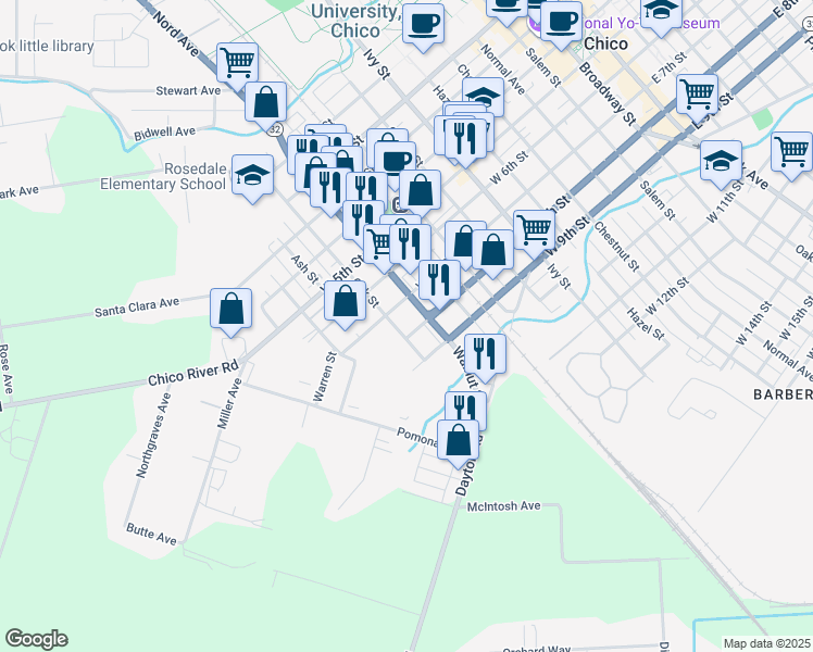 map of restaurants, bars, coffee shops, grocery stores, and more near in Chico