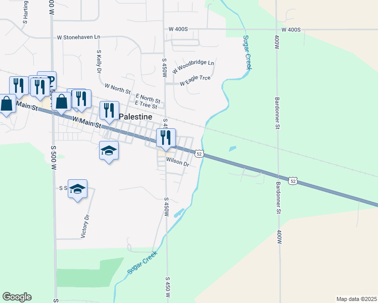 map of restaurants, bars, coffee shops, grocery stores, and more near 128 East Main Street in New Palestine