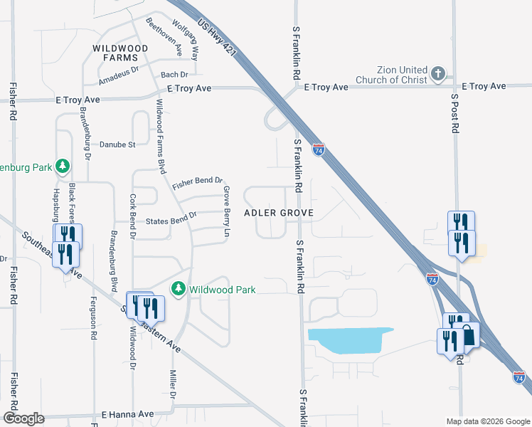 map of restaurants, bars, coffee shops, grocery stores, and more near 3346 Summer Breeze Circle in Indianapolis