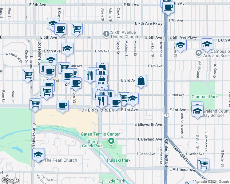 map of restaurants, bars, coffee shops, grocery stores, and more near 209 Cook Street in Denver