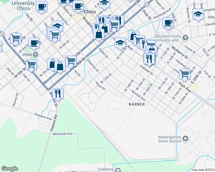 map of restaurants, bars, coffee shops, grocery stores, and more near 1220 Chestnut Street in Chico