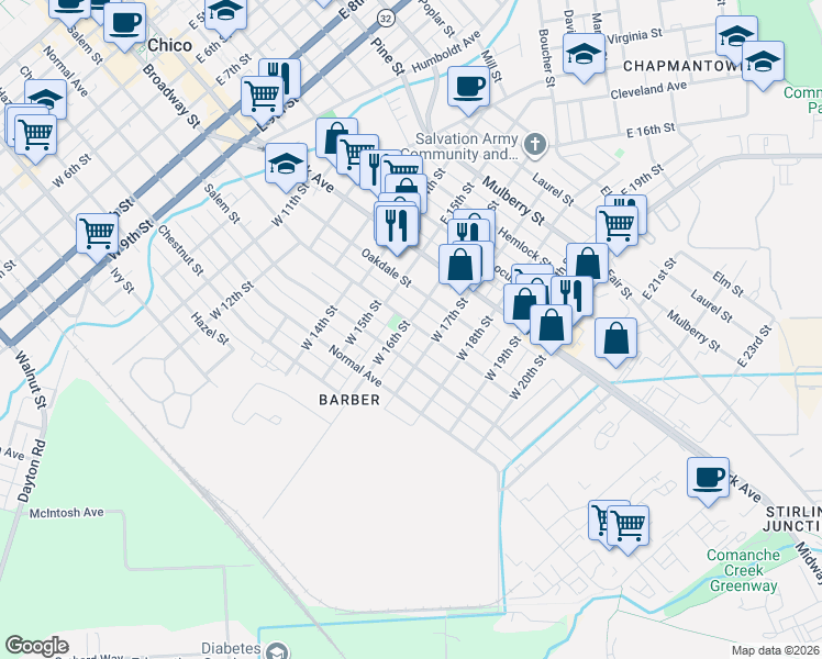 map of restaurants, bars, coffee shops, grocery stores, and more near 1608 Broadway Street in Chico