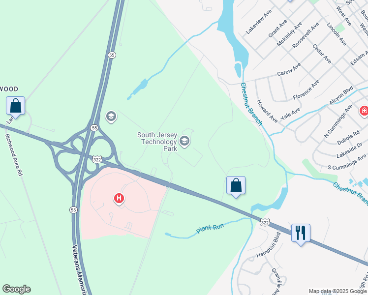 map of restaurants, bars, coffee shops, grocery stores, and more near 107 Gilbreth Parkway in Mantua Township
