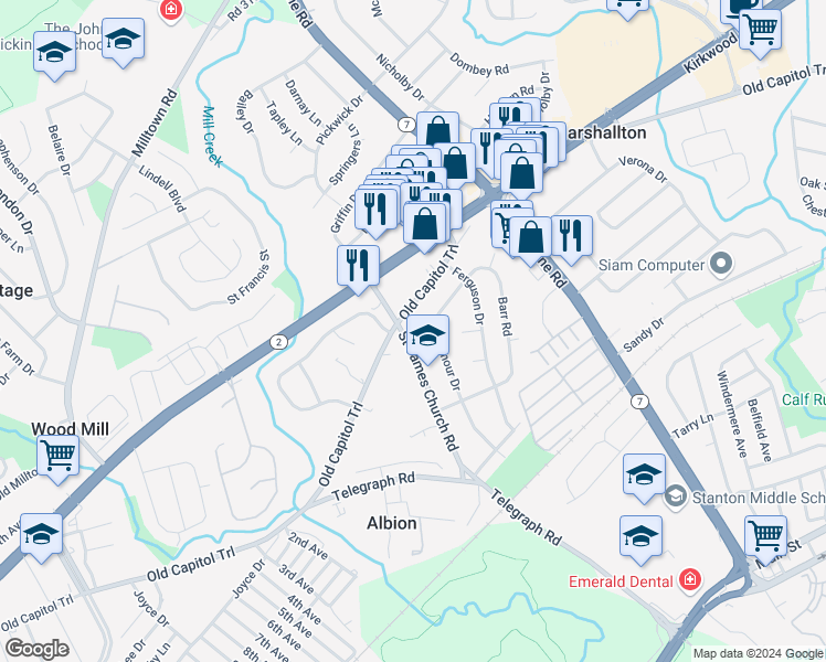map of restaurants, bars, coffee shops, grocery stores, and more near 4818 Old Capitol Trail in Wilmington