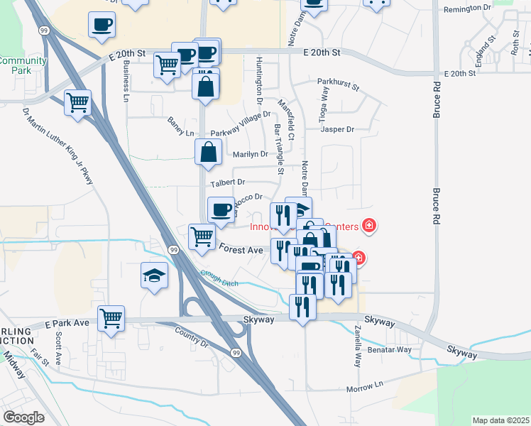 map of restaurants, bars, coffee shops, grocery stores, and more near 28 Wrangler Court in Chico
