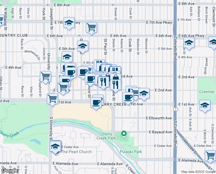 map of restaurants, bars, coffee shops, grocery stores, and more near 240 Saint Paul Street in Denver