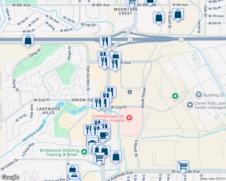 map of restaurants, bars, coffee shops, grocery stores, and more near 264 Union Boulevard in Lakewood