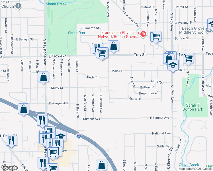 map of restaurants, bars, coffee shops, grocery stores, and more near 3110 East Murry Street in Indianapolis