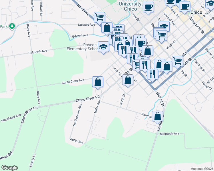 map of restaurants, bars, coffee shops, grocery stores, and more near 435 Maple Street in Chico
